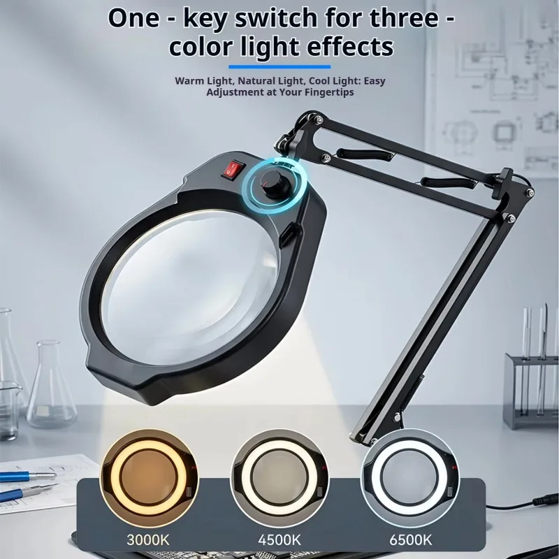 Desktop Magnifying Glass Lamp With Light 180mm Large Lens For Reading Jewelry Appraisal Electronic Circuit Repair Work