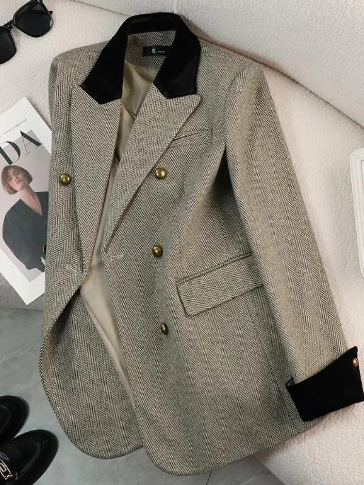 Vintage Women Autumn Winter Pink Patchwork Blazer Jacket Khaki Double Breaste Office Ladies Long Sleeve Tops Coat Clothing New