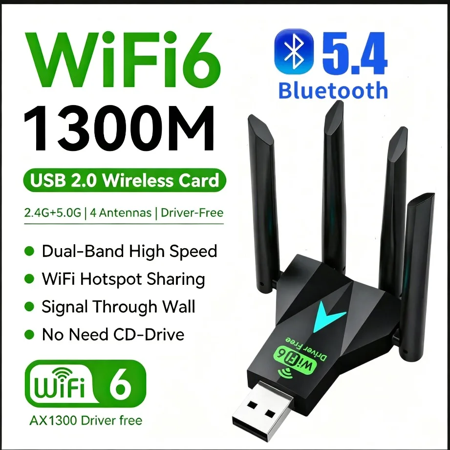 1300Mbps WiFi Bluetooth 5.4 Adapter USB Adapter 2.4G/5GHZ Dual Band 4-Antennas Wireless Network Card 802.11AX for PC Laptop