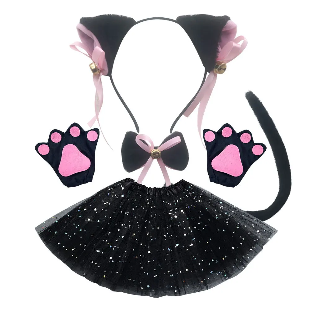 Witte Zwarte Anime Meid Kat Set Oorband Staart Vlinderdas Tutu Rokken Feest Halloween Kostuum Cosplay