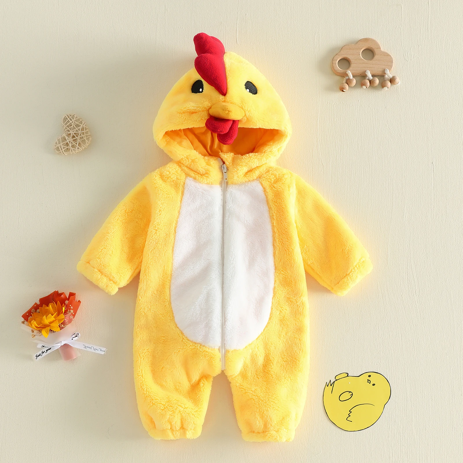 Baby Yellow Chicken Costume Plush Long Sleeve Hooded Jumpsuit Animal Character Bodysuit with Zipper Halloween Party Costume