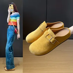 Shoes Woman 2026 Slippers Flat Luxury Slides Flock Loafers Cover Toe Pantofle Med Designer New Fabric Rome PU Rubber Retro