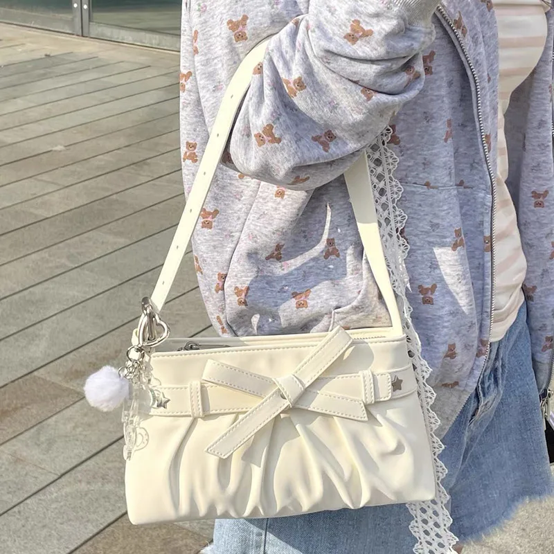 

Чисто белые цветные плиссированные сумки подмышки в японском стиле с бантом на молнии, сумка на одно плечо, студенческие пригородные сумки для кампуса