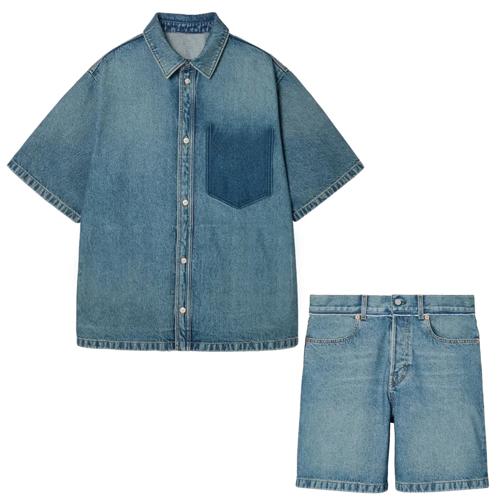 

2024 New Men's and Women's Denim Short Sleeve Shirt Jacket and Shorts Set #Z1599