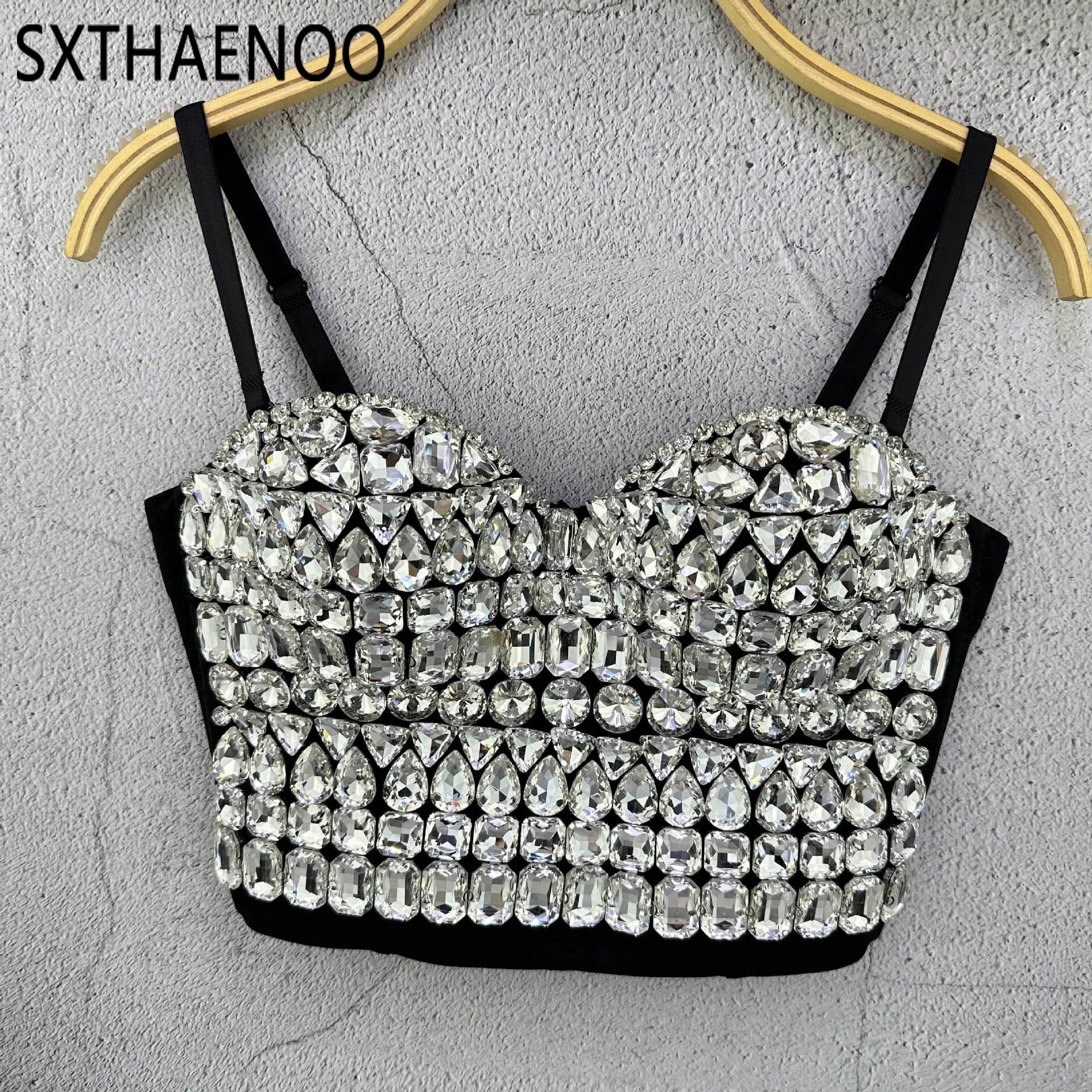 

SXTHAENOO Women Rhinestones suspenders Crop Top Push Up Corset Luxury Glisten Backless Tank Top Black Clothes Ladies Crop Shirt