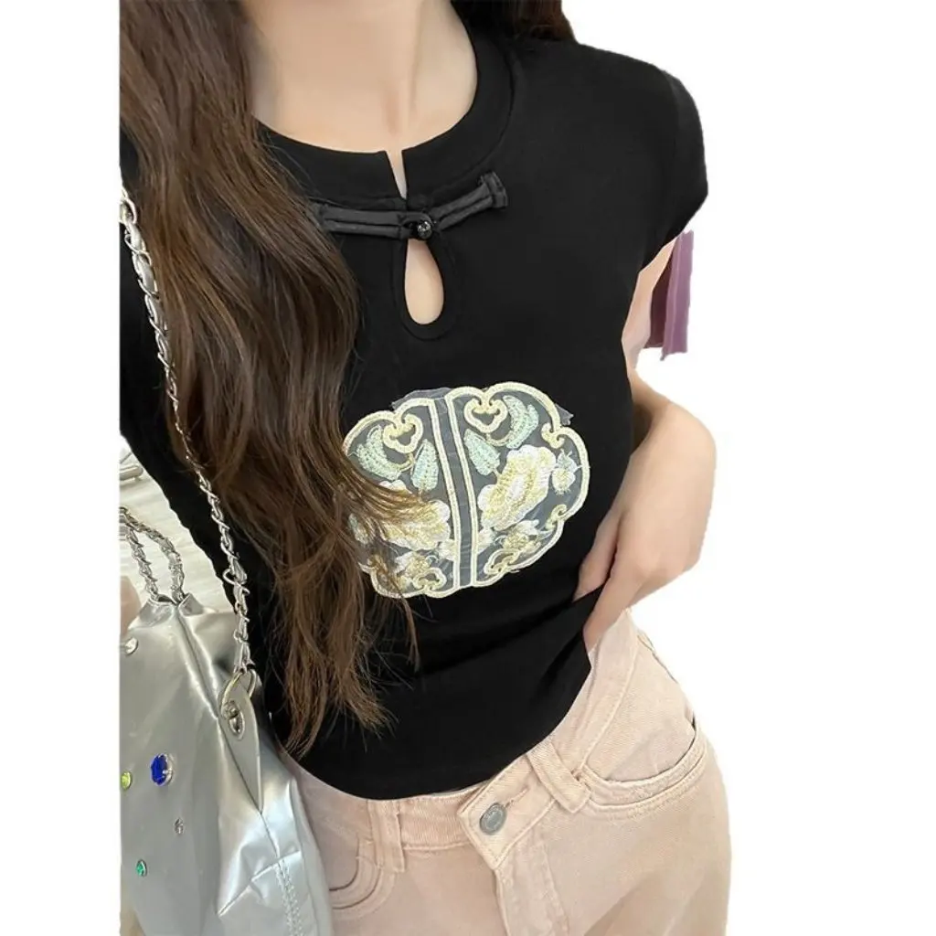 

Women's Slim-fit Summer T-shirt Chinese Embroidery National Style Trendy All-match Short-sleeve Top for Casual Wear