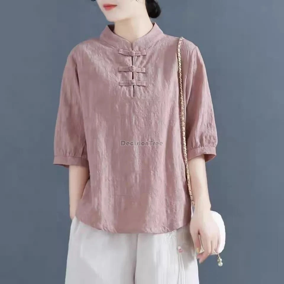 

2024 vintage jacquard literature art pure cotton top chinese national style zen tea garment big size loose button pullover top