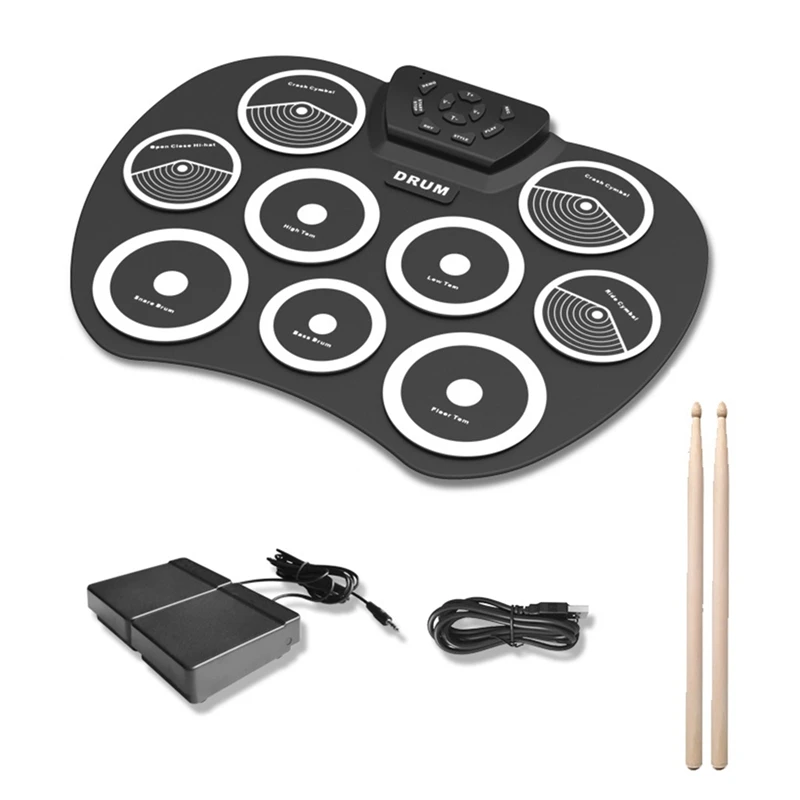 Electronic Drum Set Hand-Rolled Drum 9-Pad MIDI Interface Supports Games Portable Drum Set with Drumsticks Pedals-ABLA