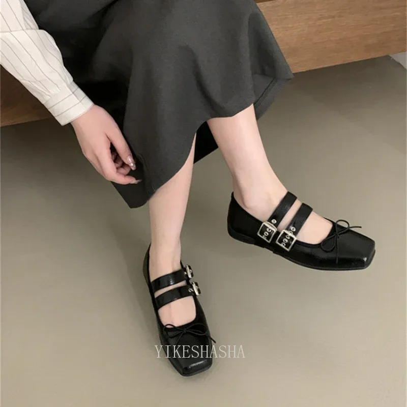 2024 Women Flat Bow-knot Shoes Fashion Split Toe Flat Heel Loafer Shoes Shallow Soft Leather Casual Outdoor Mary Jane Shoes