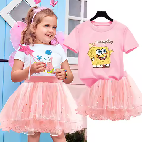 2Pcs/Set SpongeBobs Girl Dress Kid Birthday Clothes Party Princess Dress Cartoon T-shirt+Tutu Skirt Summer Evening Gift