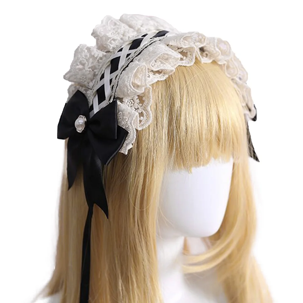 

Lace Flower Sweet Embroidery Hairband With Hairpins Anime Maid Cosplay Headdress Ribbon Bow Lace Ruffled Headband Wide Hair Hoop