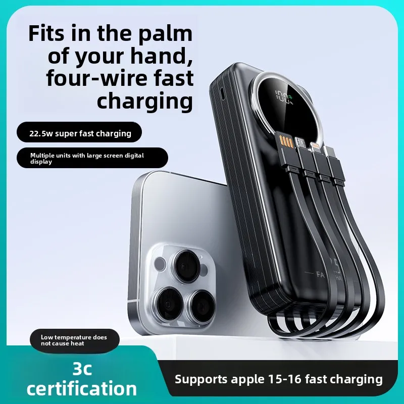 Power Bank 20000mAh 22.5W Super Fast Charging with 4 Built in Cables Palm Size Portable Charger LED Display for Phone