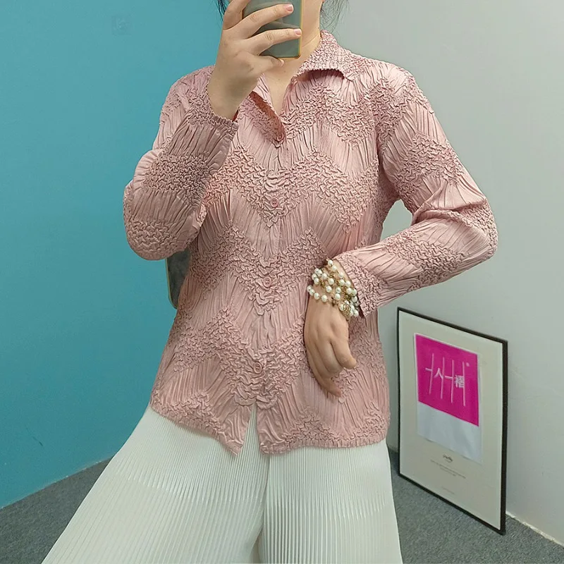 

Ladies' Embroidered Long Sleeved Shirt with Pleated Texture Cardigan Top, Thin and Soft Solid Color Jacket
