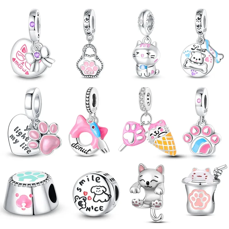 Neue 925 Sterling Silber rosa süße Katze Pfote Charms Perlen passen Qikaola 925 Original Armbänder exquisite DIY Geburtstag Schmuck Geschenke