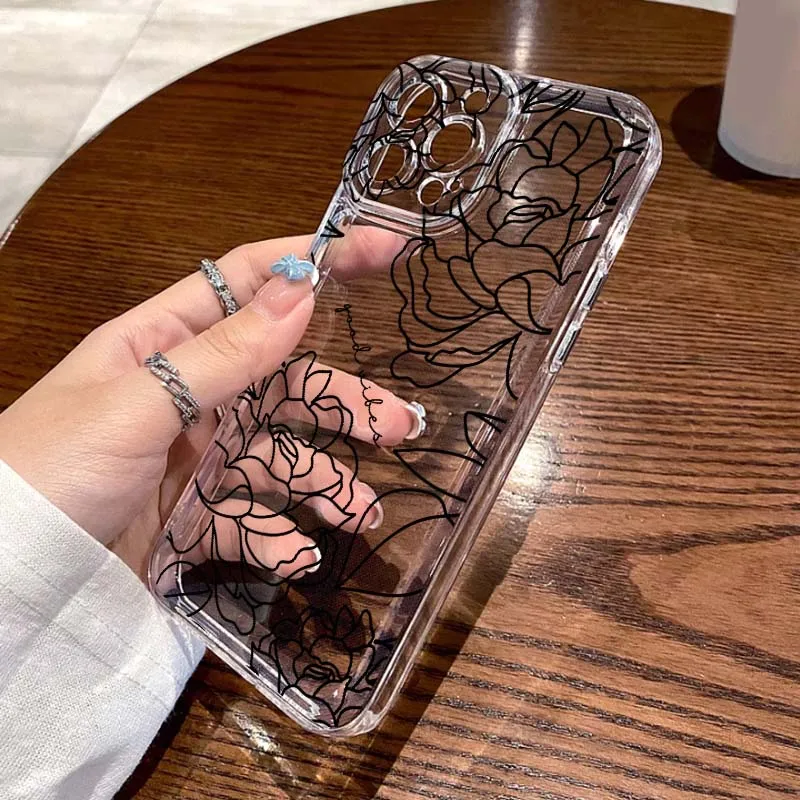 

Art Line Camellia Flower Phone Case For Apple iPhone 17 16 15 14 13 12 11 Air Pro Max Plus Mini Transparent Soft