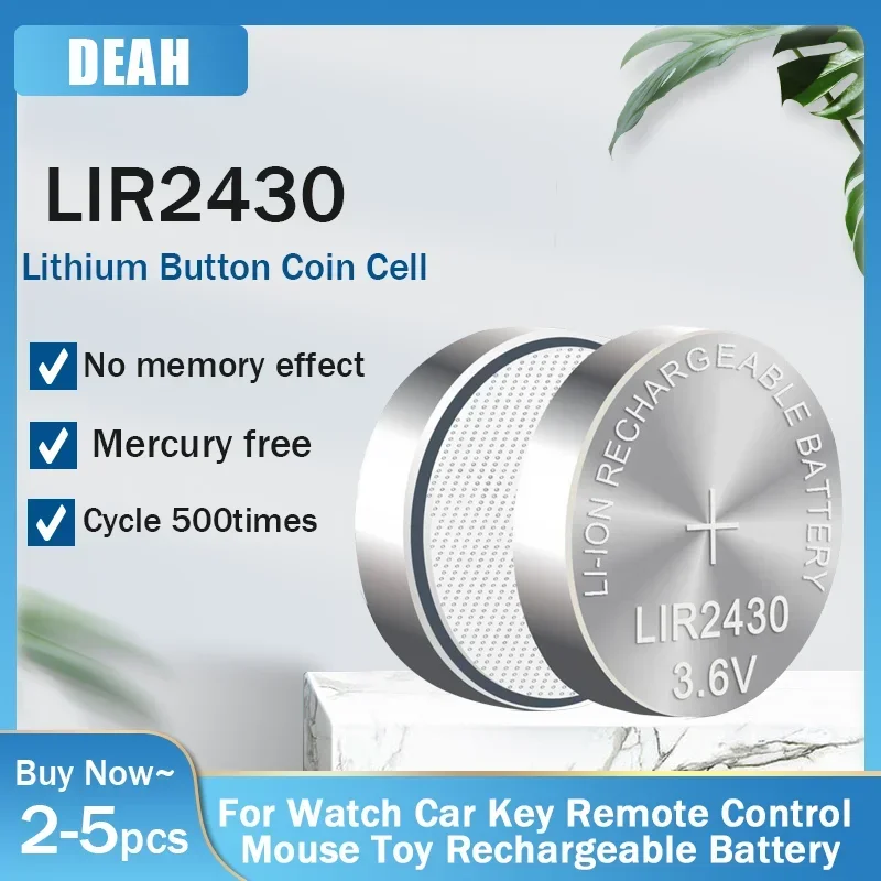 2-5PCS LIR2430 LIR 2430 3.6V Lithium Rechargeable Battery For Watch Scale Mouses Car Remote Key CR2430 PD2430 Button Coin Cells