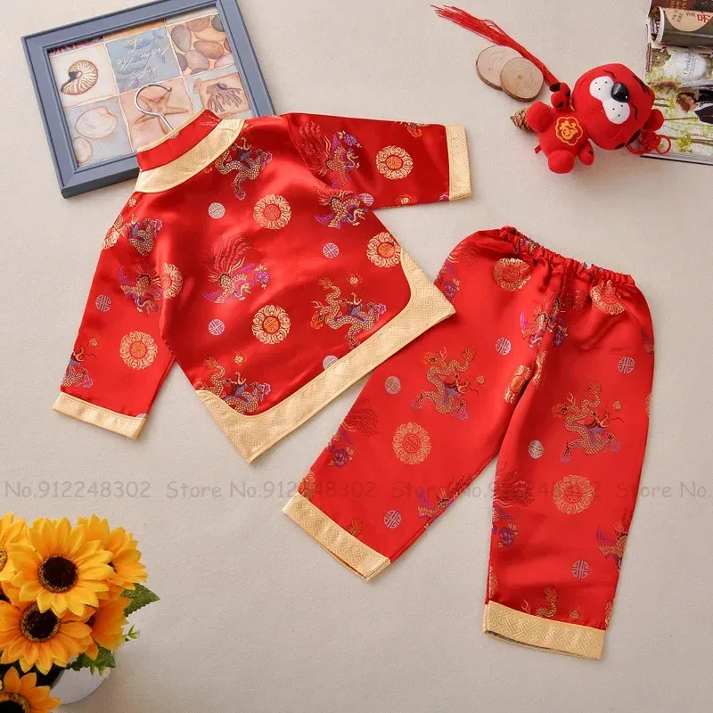 111 www bebé recién nacido estilo chino traje Tang rojo niños Qipao camisas Tops pantalones niños dragón Phoenix bordado trajes festivos