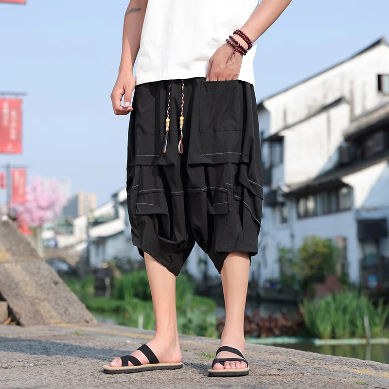 Japanese Samurai Shorts Mens Summer Ice Silk Thin Large Pocket Harem Wide Leg Pants Men\'s Haori Loose Hip Hop Trousers Plus Size