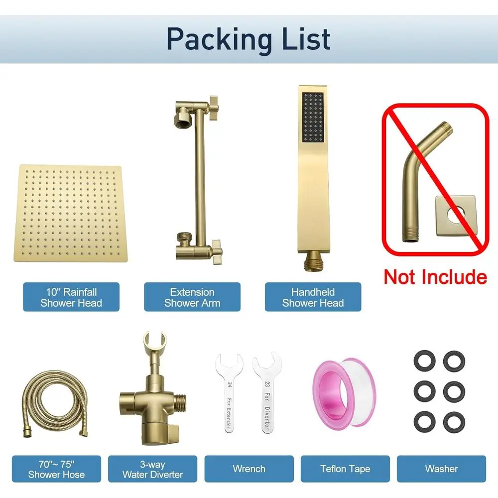 مجموعة دش معدنية محمولة للمطر مع ذراع قابل للتعديل، 70 خرطوم، محول ثلاثي الاتجاهات، ذهبي مصقول