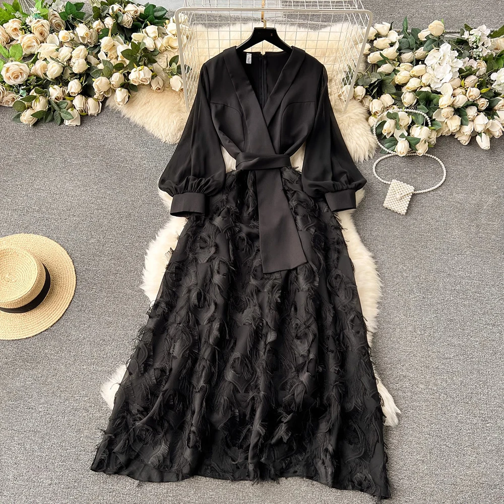 

TWOTWINSTYLE Solid Elegant Formal Dresses For Women V Neck Lantern Sleeve High Waist Patchwork Feathers Dress Female KDR513303