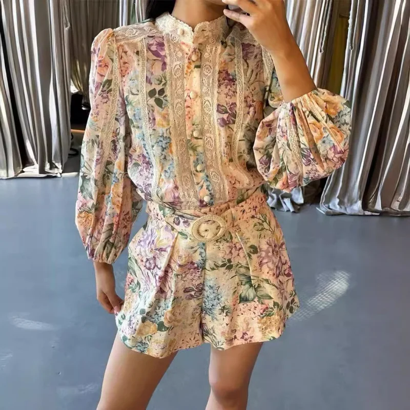 

Australian Heavy Industry Design New Lace Printed Two-Piece Suit Single-Breasted Shirt Shorts with Belt Guangzhou Thirteen Rows