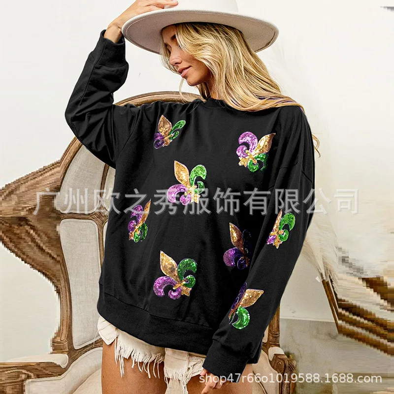 Women's Autumn Spring Top Sweatshirt Knitted Sequins Embroidery Retro Simple Loose Casual Fashion Soft Niche Versatile Skinny