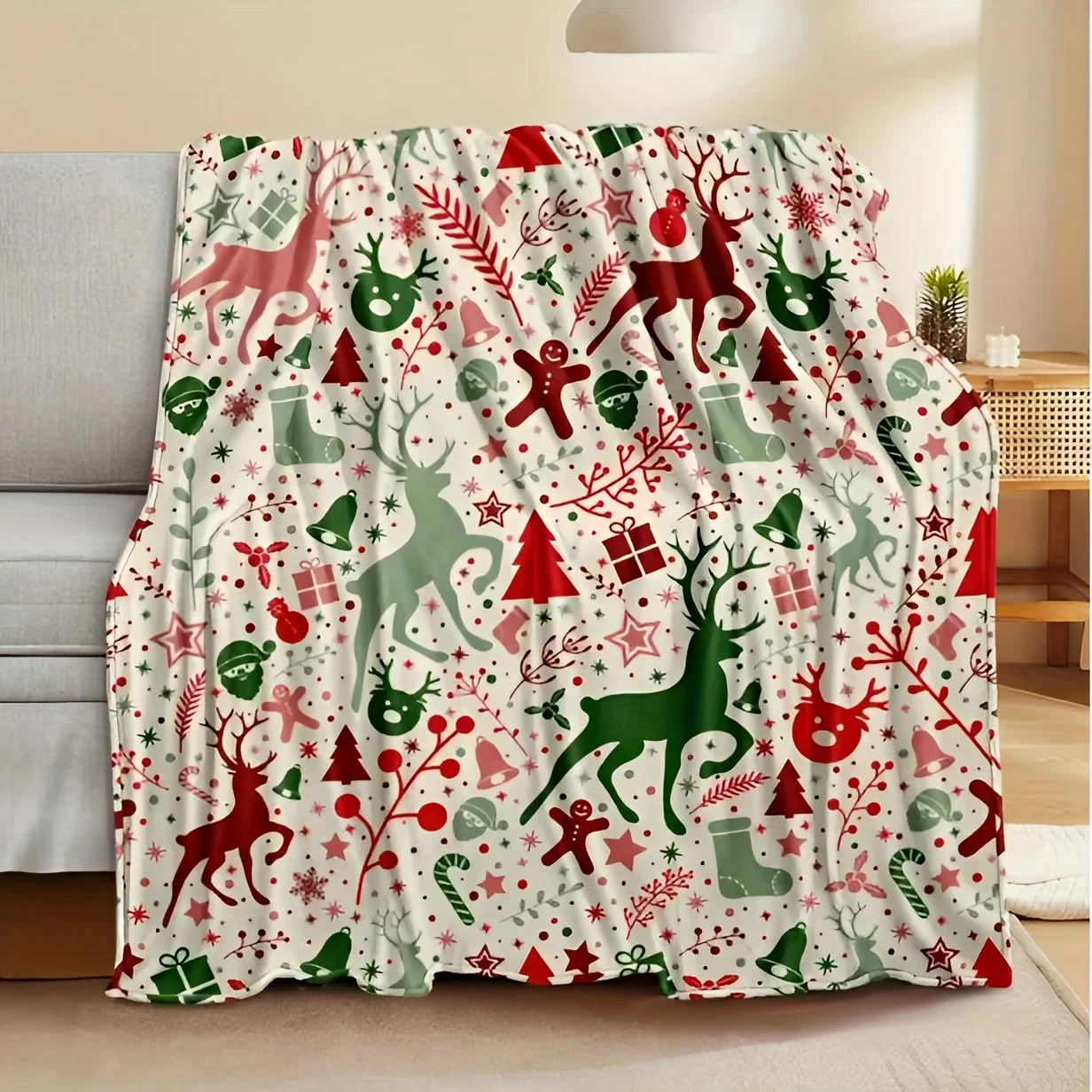 Cozy Christmas Reindeer and Tree Blanket Soft Flannel All-Season Use for Sofa Bed Office Living Room Bedroom Camping and Picnics