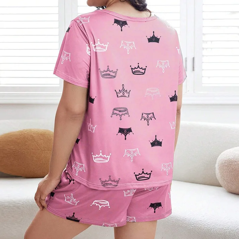 Plus Size XL-5XL Women\'s Pajama Set Letter Print Soft Summer Short-sleeved Shorts Faux Cotton Sleepwear Nightwear Loungewear 2PC