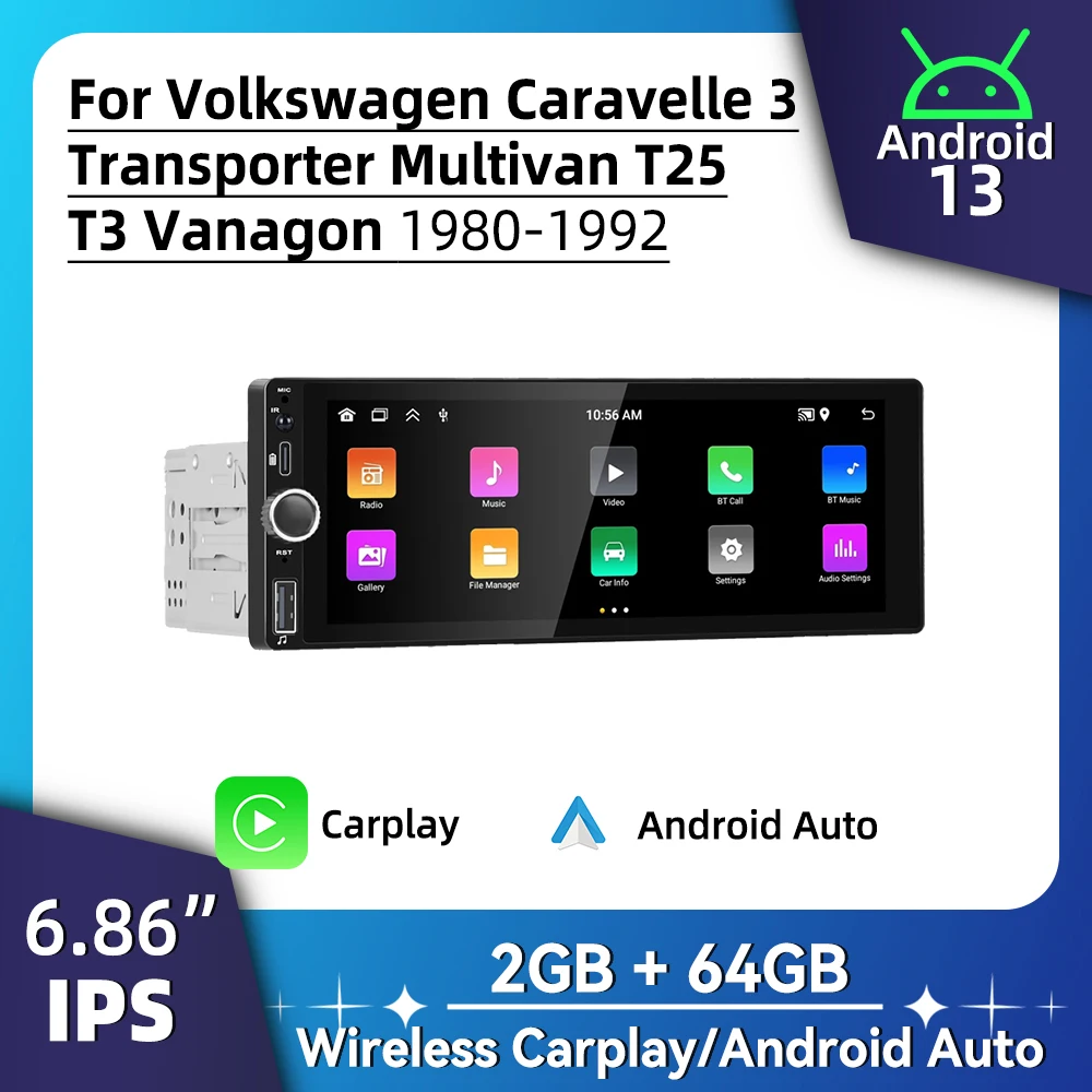 

1Din Car Radio Android for VW Volkswagen Caravelle 3 Transporter Multivan T25 T3 Vanagon 1980-1992 6.86" Carplay Multimedia Wifi