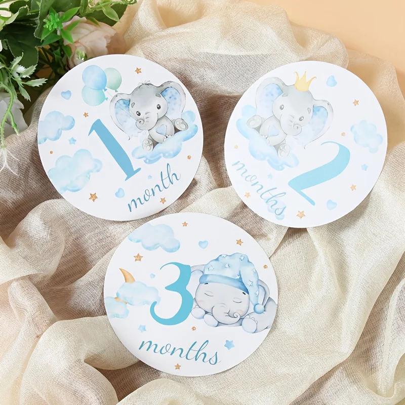 Cartoon Cardboard Milestone Set, Cute Blue Elephant and Cloud Star Themed Milestone Cards, Round Cards for Photo Memories from January to December, Used to Record Growth - a Warm Gift, Photography Props