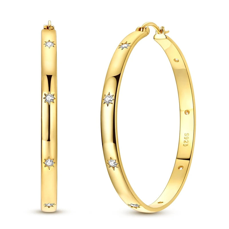 

925 Sterling Silver Earrings Women Zirconium Golden Star Large Hoop Earring For Anniversary Wedding Jewelry Gifts
