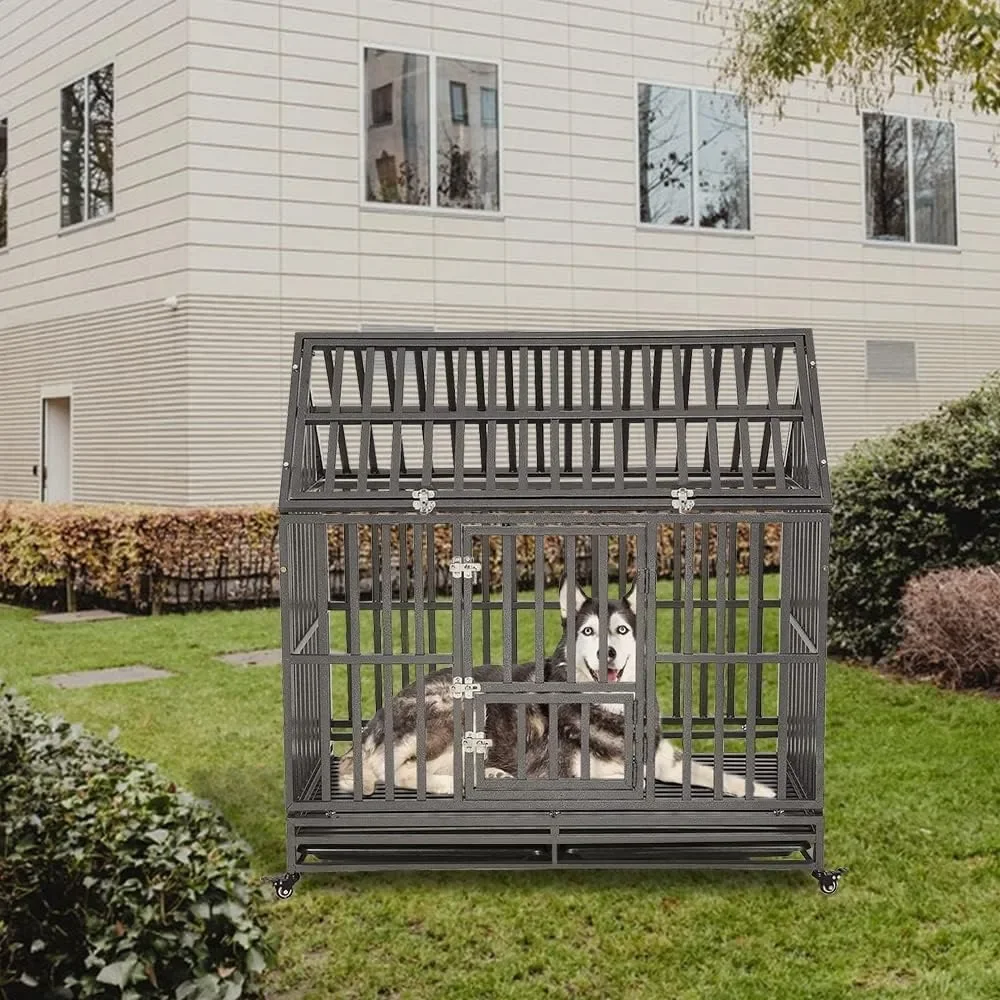 

48" Pet Supplies Heavy Duty Dog Crate Strong Metal Cage House Shape Pet Kennel Crate Playpen with 4 Locking Wheels Indoor Dogs