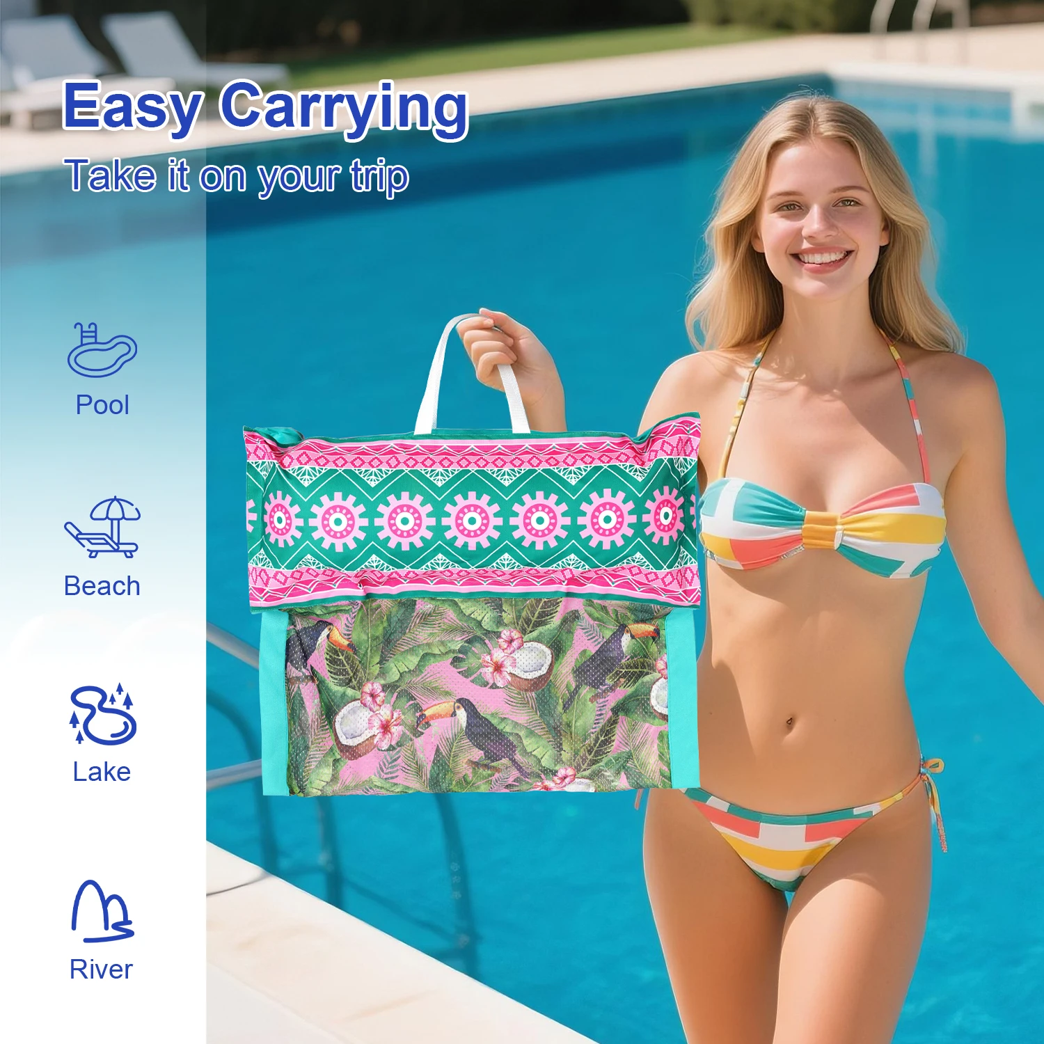 เก้าอี้ลอยน้ำผ้าสไตล์โบฮีเมียนแบบเป่าลม 2 ชิ้น, แผ่นลอยน้ำสำหรับกีฬาทางน้ำสำหรับผู้ใหญ่ในงานปาร์ตี้ริมสระน้ำ