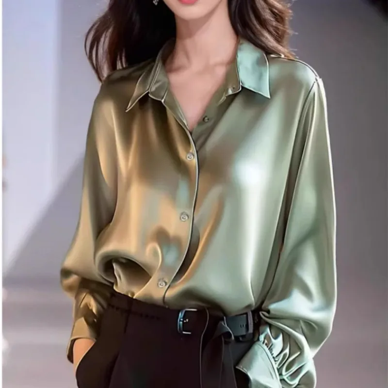 Office Lady Long Sleeve blouse Women Autumn 2024 Overshirt Satin Femal Clothing Elegant Korean Style Luxury Designer Blouse