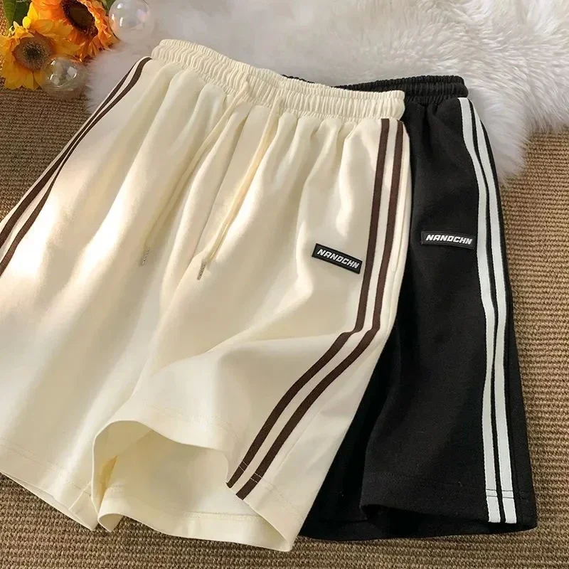 Striped Shorts Women Summer Streetwear Loose Wide Leg Shorts Korean Casual Elastic Waist Sports Shorts Bf Couple Oversized