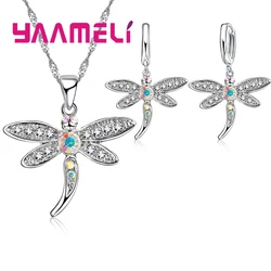 Real 925 Sterling Silver AB Colored Cubic Zircon Necklace Earrings Jewelry Sets for Women Girls CZ Crystal Dragonfly