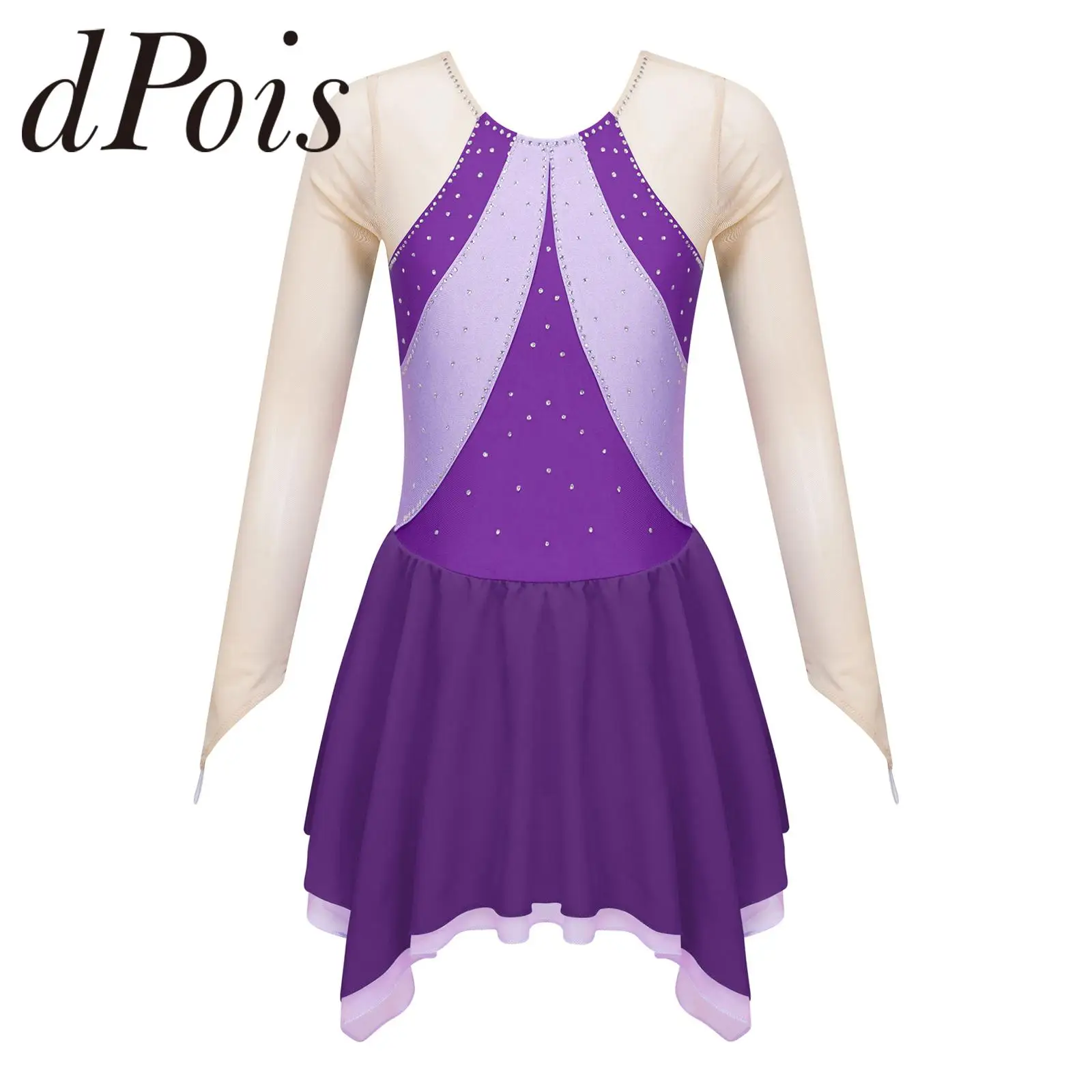 

Kids Girls Figure Skating Dress Mesh Splice Shiny Rhinestone Ice Skating Clothes Teens Dance Ballet Gymnastic Leotard Dancewear