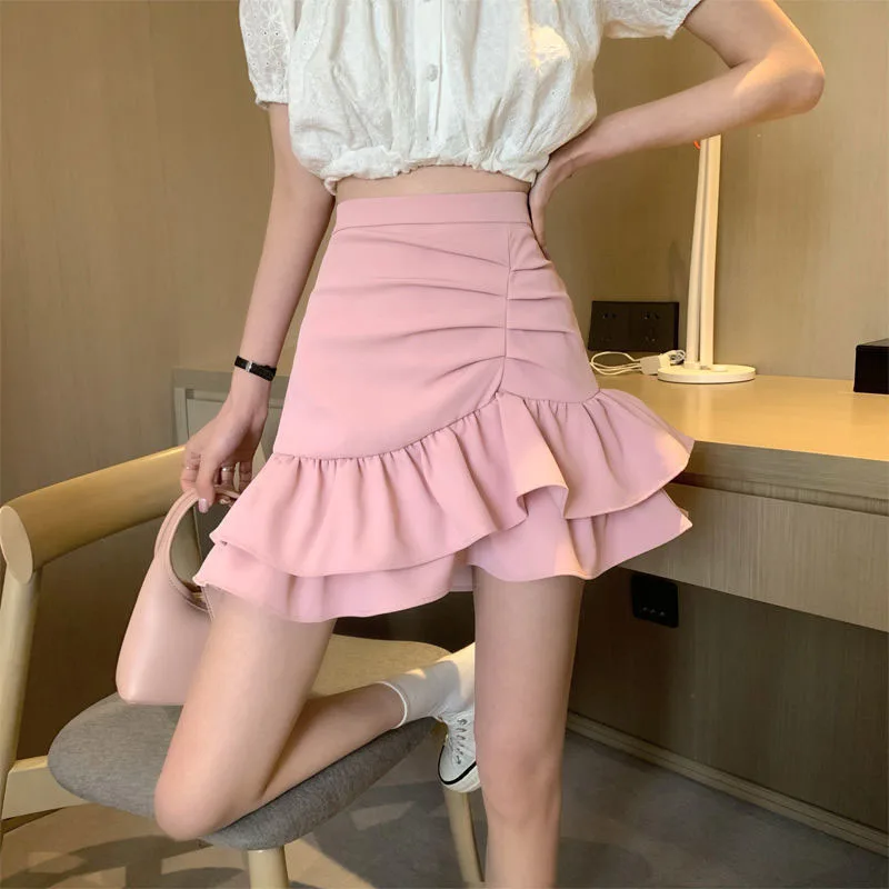 Lucyever Irregular Ruffles Short Skirts Woman Korean Fashion High Wiast Mini Skirt for Women Black White Pink Fishtail Skirts