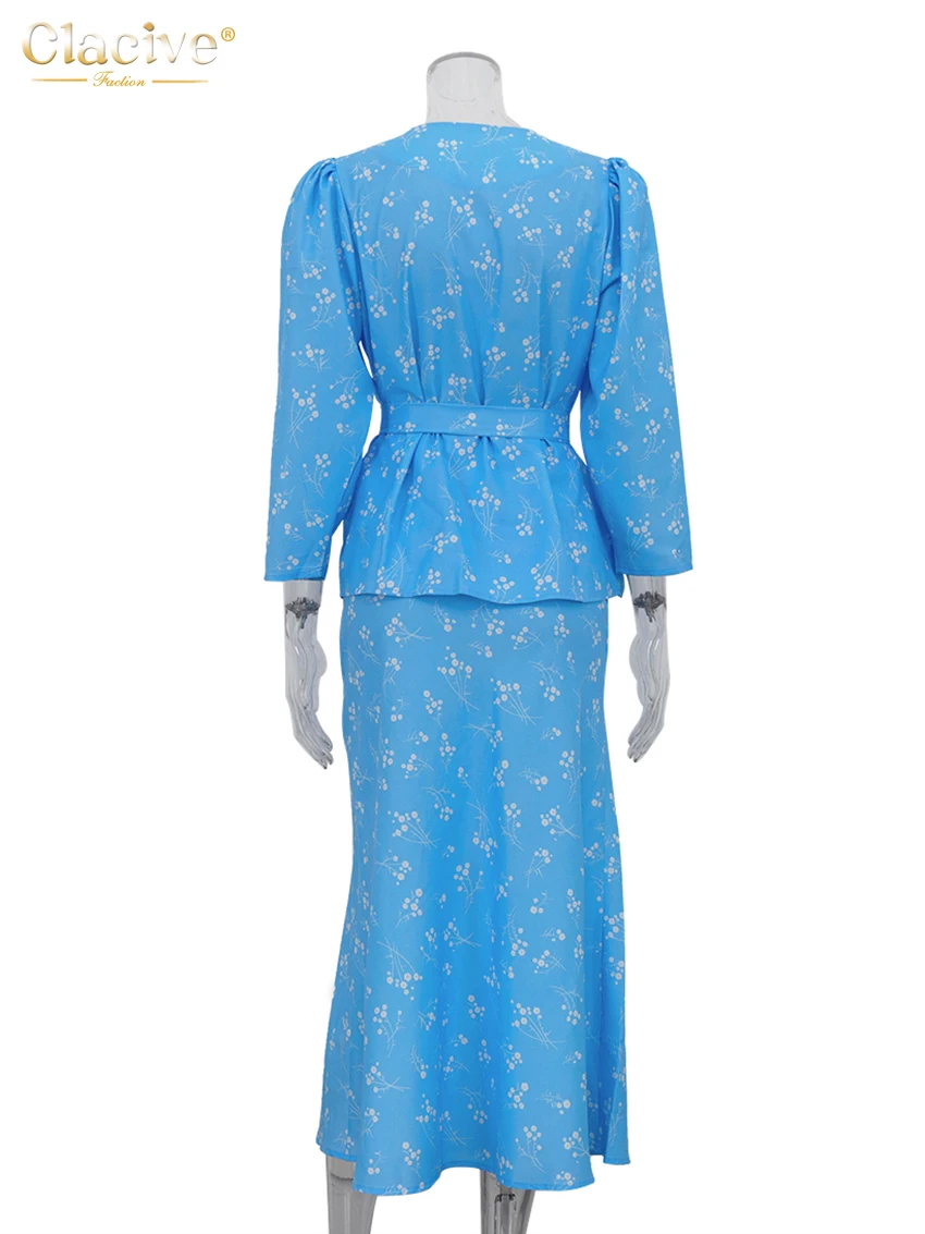 Women's Two-Piece Skirt Set - Long Sleeve Shirt and High-Waist Skirt