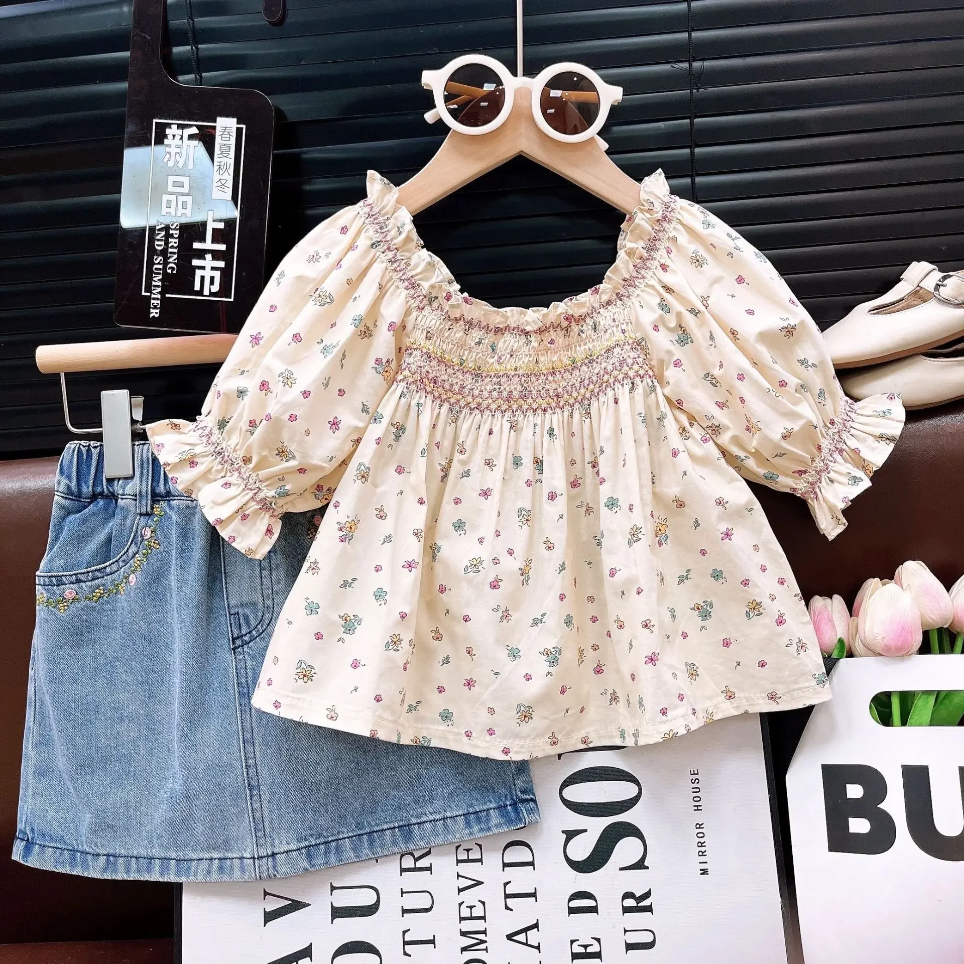 مجموعات ملابس الأطفال زهرة مطبوعة الأكمام بلوزات + زهرة مطرزة تنورة 2 قطعة مجموعات طفلة الزي مجموعة ملابس طفلة