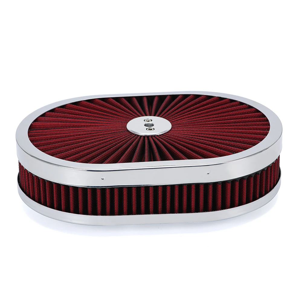 

PQY 12"x2" Oval Air Cleaner Filter Assembly 5-1/8" Carb Neck w/ Flow-Thru Lid High Flow Chrome for GMC Chevy Ford Chryler Dodge