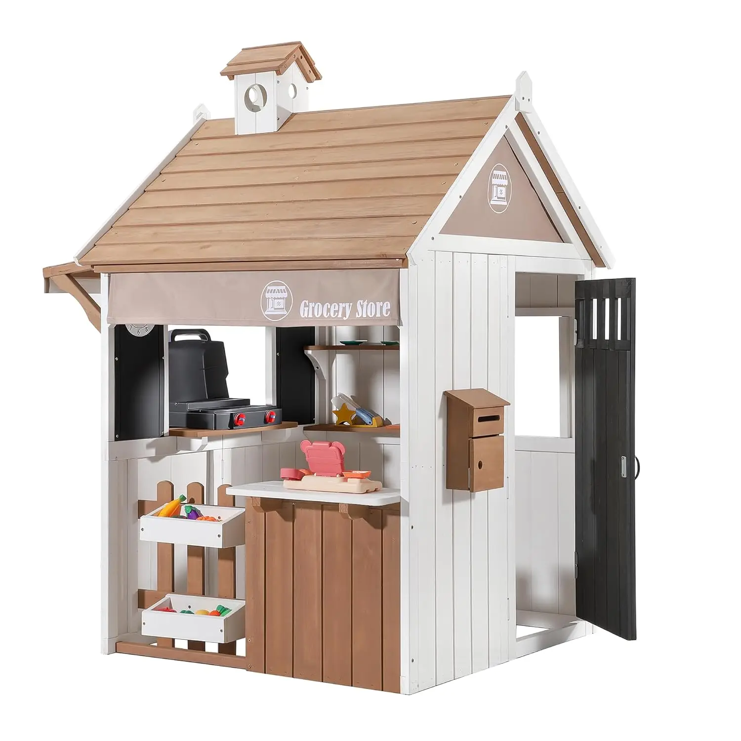 2-in-1 Cedar Wooden Kids Outdoor Playhouse with Grocery Grill Station Cash Register Chalkboard for Backyard Kids Age 3 to 8