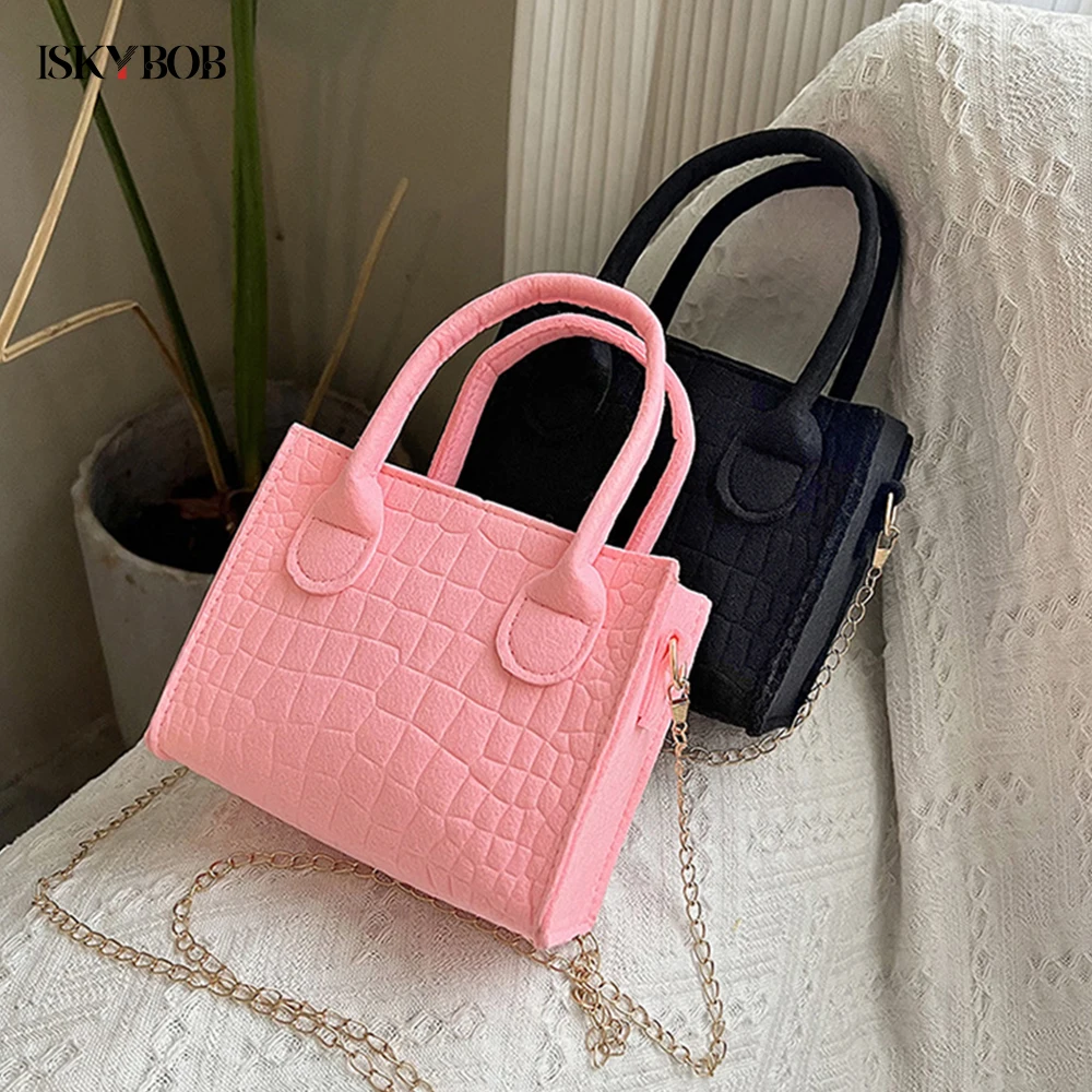 Women Felt Small Tote Handbags Popular Stone Texture Shoulder Messenger Bag Trendy Females Small Square Bag Chain Crossbody Bag