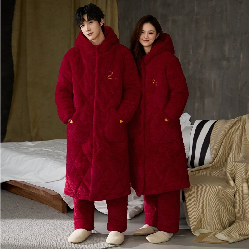 Thick 3 Layer Clip Cotton Bathrobe+Pant Men Women Winter Warm Kimono Bath Robe Hooded Dressing Gown