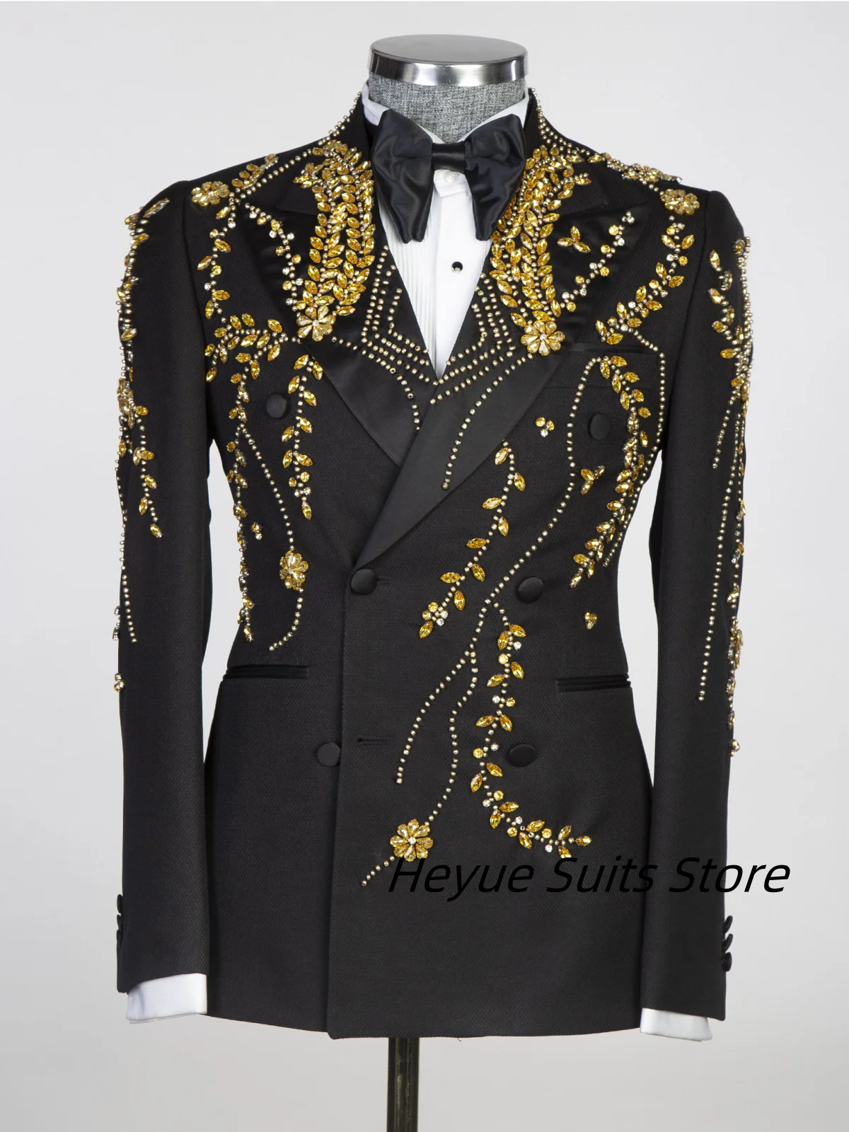 

Gold Beaded Stone Suits For Men Wedding Double-Breasted Slim Fit Groom Tuxedos 2 Pieces Sets Male Prom Blazers Party ropa hombre