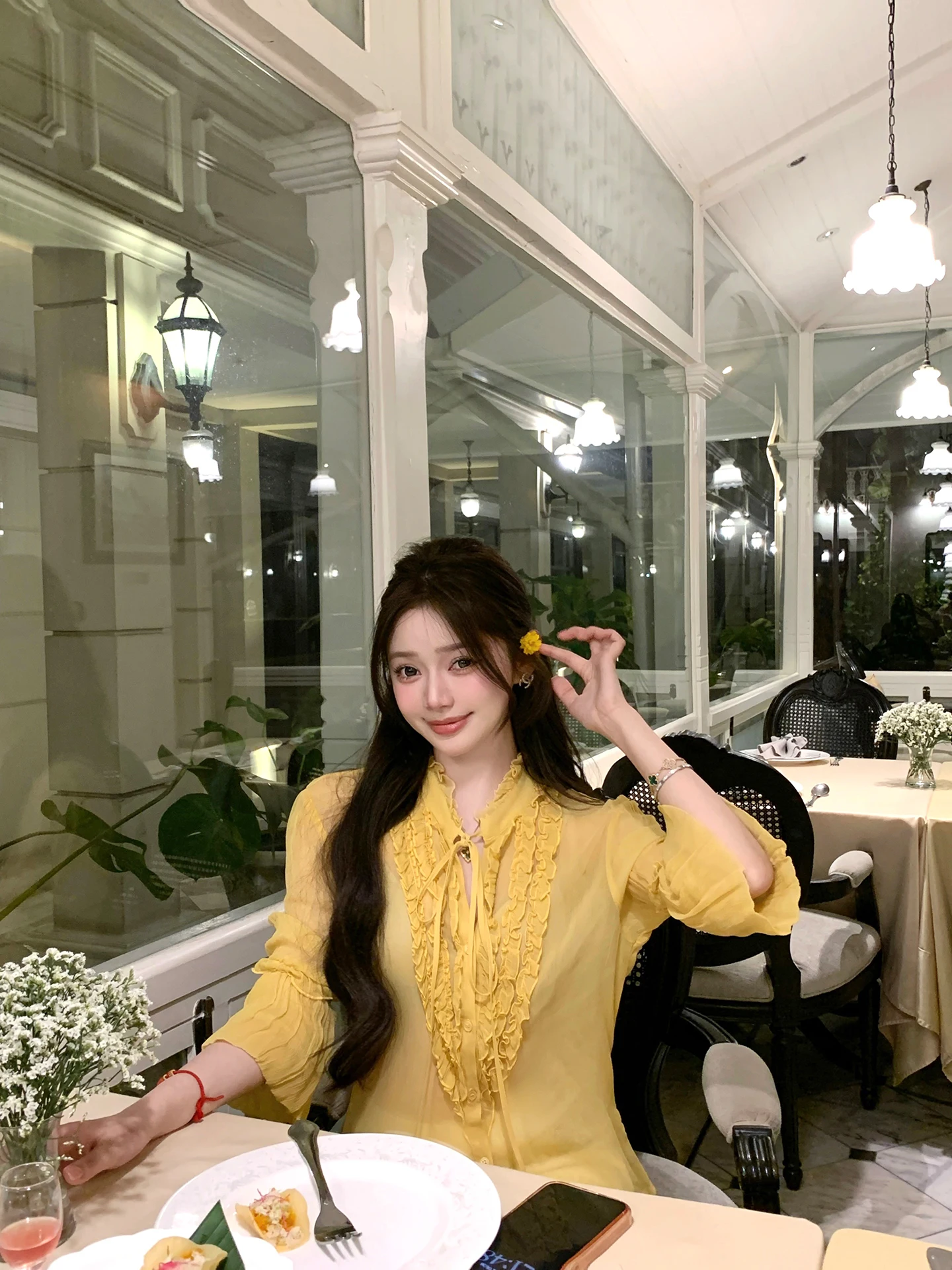 

Romantic Texture Sensation Blouse Mian Nian Earmuff angpin French Sle Loose Fit Long Sve Women's Spring Summer irt