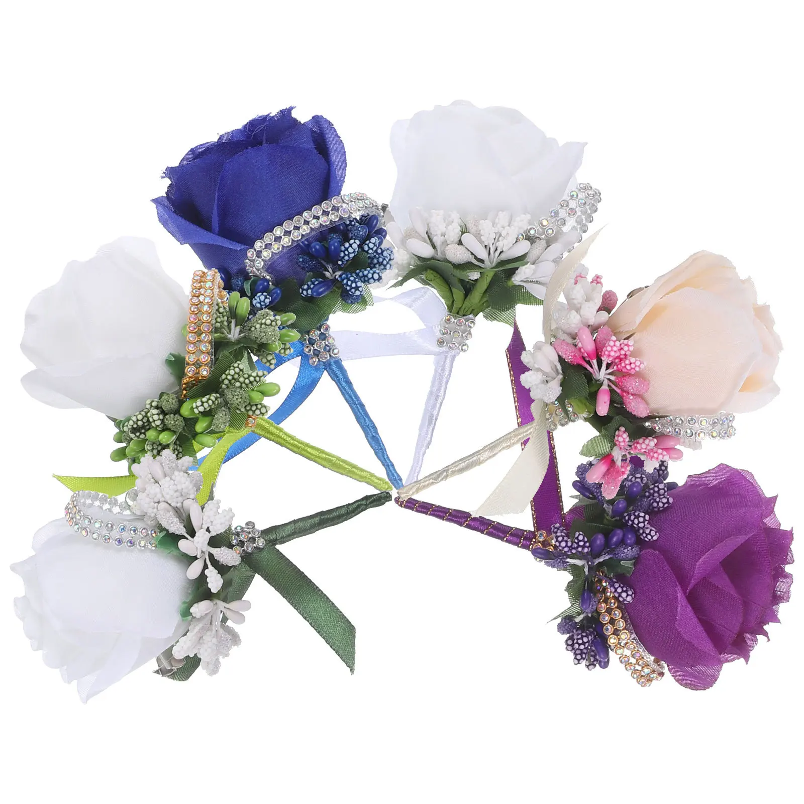 6Pcs Wedding Corsage Set Rhinestone Decorated Boutonniere Artificial Flower Chest Pin for Bridal Party Banquet Decoration
