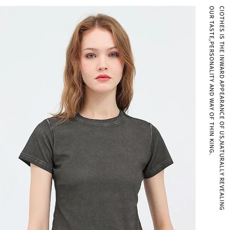 Female 240GSM Gradient Washed Custom LOGO Solid Slim  T-Shirt Soft Cotton Streetwear Casual Short Sleeve Cool Retro For Women image 4