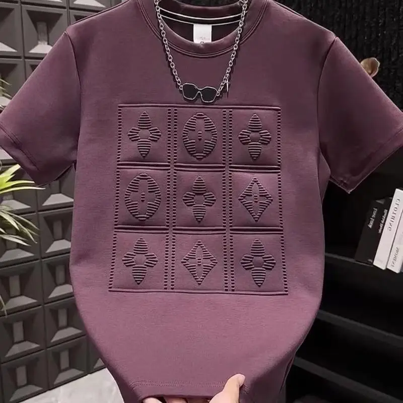 2025 summer new men's versatile heavy industry letter steel print short sleeve t-shirt fashion casual crew neck pullover top image 2
