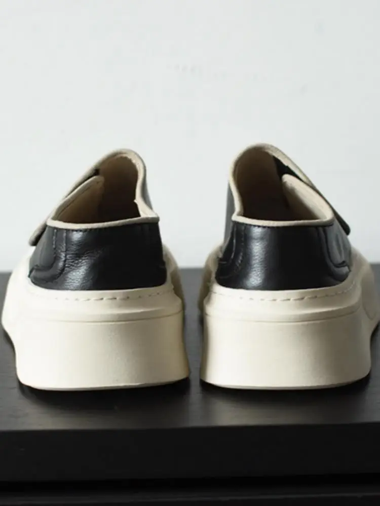 Japanese Cowhide Round Toe Platform Male Casual Shoes Handmade Genuine Leather Solid Color Height Increase Slip On Sneakers